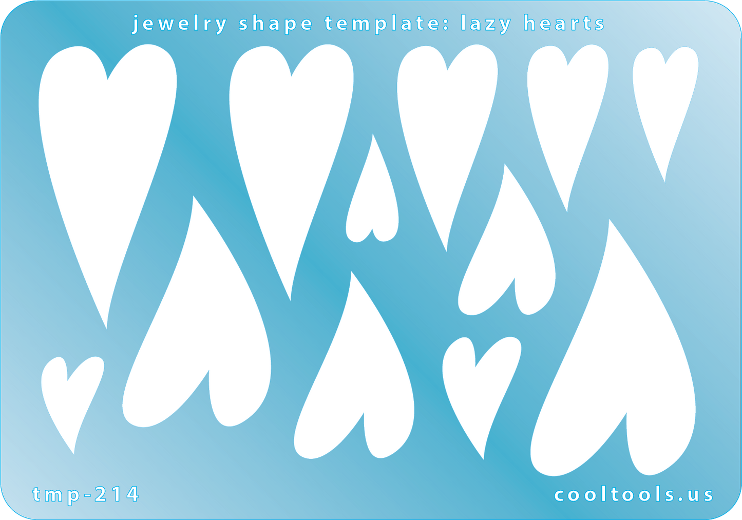 plastic Jewelry Shape Template - Lazy Hearts Jewelry shape template with white hearts on a blue background, featuring 'cooltools.us' branding.