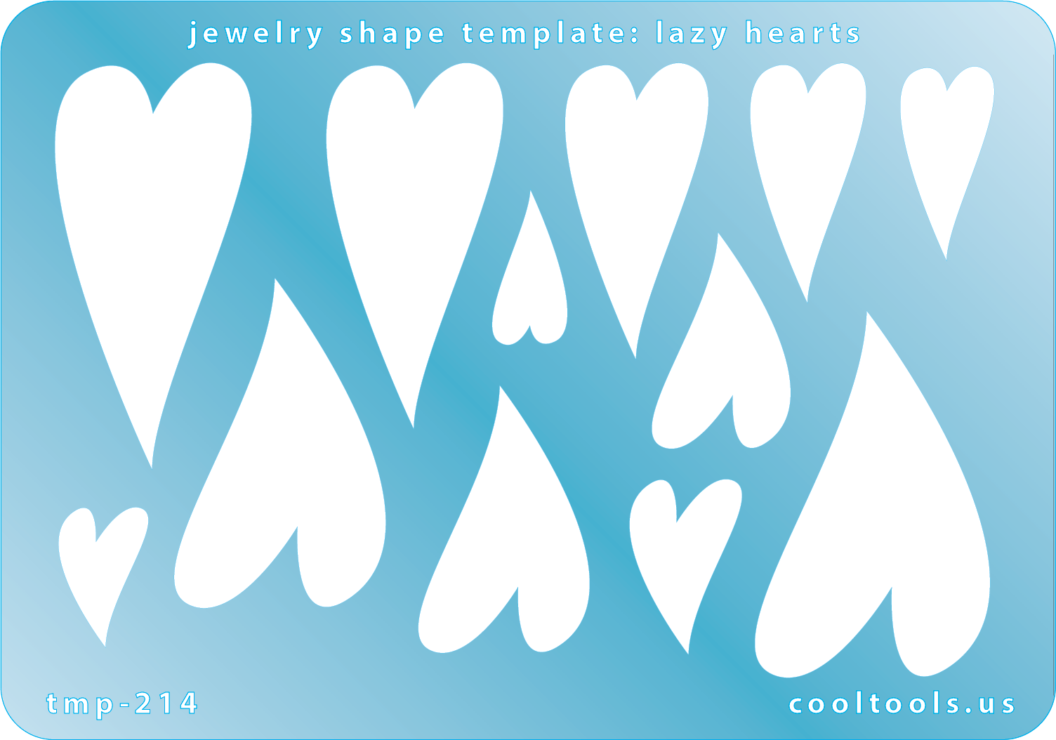 plastic Jewelry Shape Template - Lazy Hearts Jewelry shape template with white hearts on a blue background, featuring 'cooltools.us' branding.