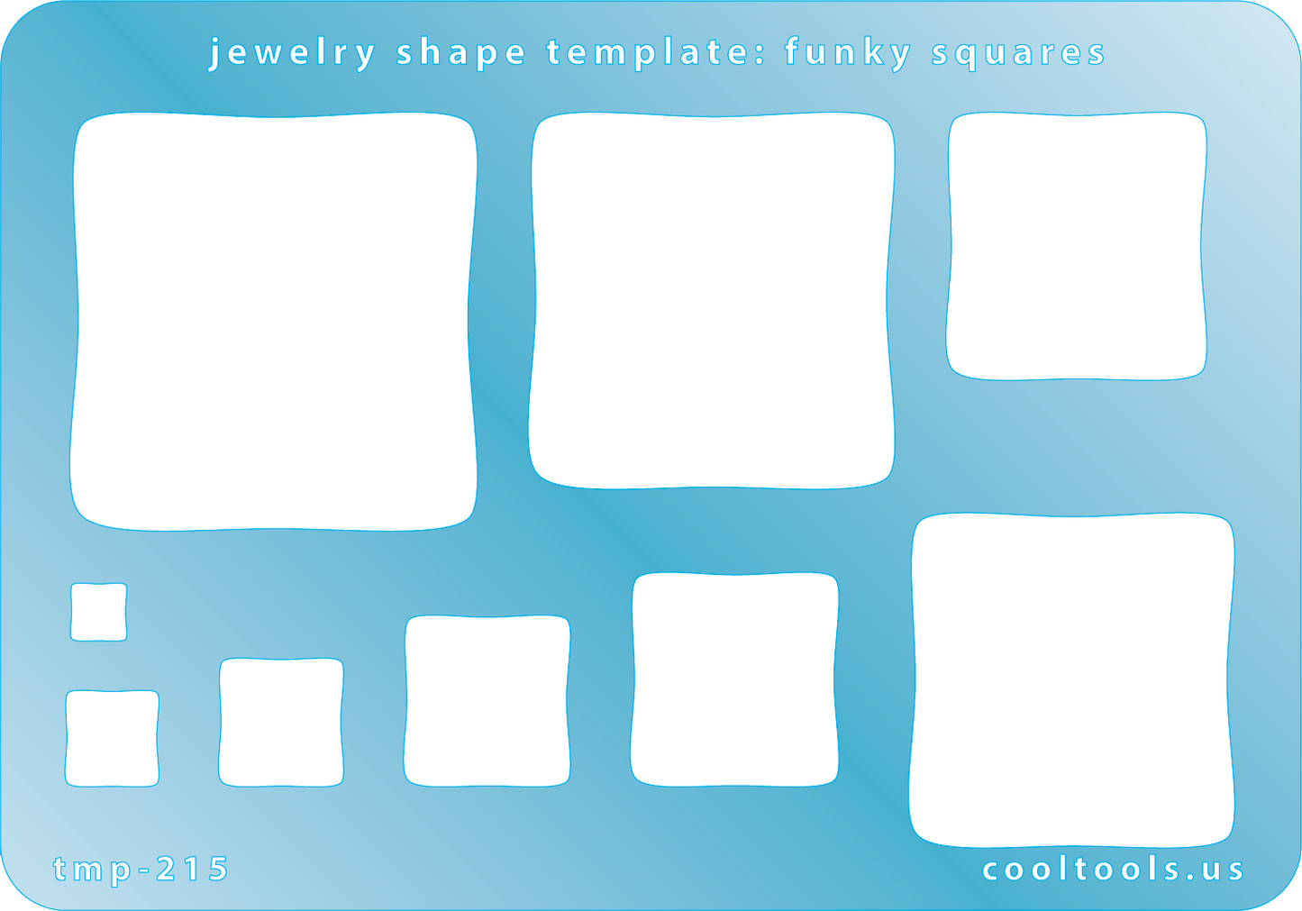 plastic Jewelry Shape Template - Funky Squares Jewelry shape template with white squares on a blue background, featuring 'cooltools.us' branding.