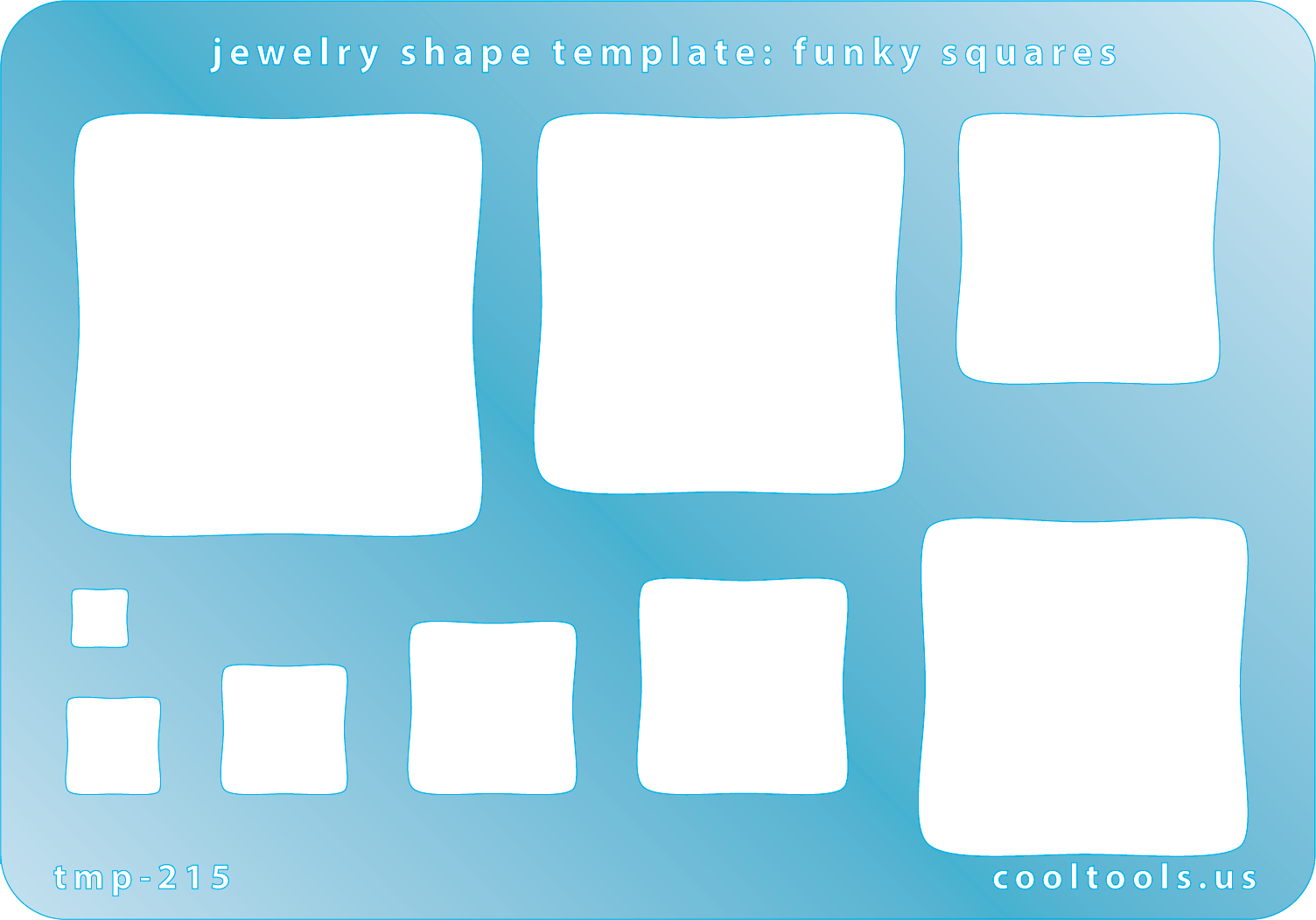 plastic Jewelry Shape Template - Funky Squares Jewelry shape template with white squares on a blue background, featuring 'cooltools.us' branding.