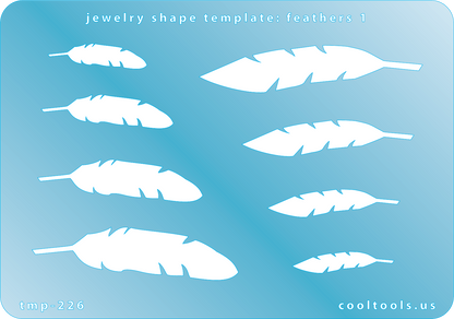 plastic Jewelry shape template with feather designs on a blue background