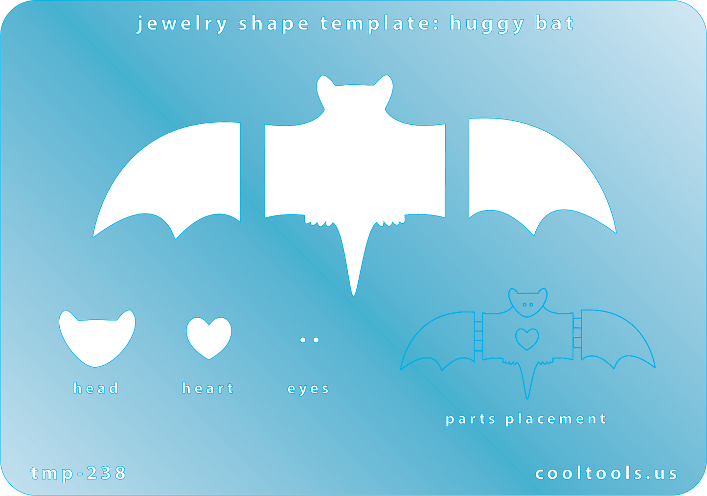 Jewelry Shape Template - Huggy Bat Our special surface makes it easy to find these templates on your workbench, but allows clarity for positioning. Use our Ultra Clay Pick for best results!  Includes shapes to create a bat with hinged wings. Size of bat is 94mm. 
