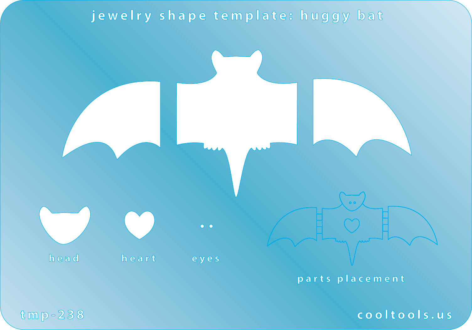 Jewelry Shape Template - Huggy Bat Our special surface makes it easy to find these templates on your workbench, but allows clarity for positioning. Use our Ultra Clay Pick for best results!  Includes shapes to create a bat with hinged wings. Size of bat is 94mm. 