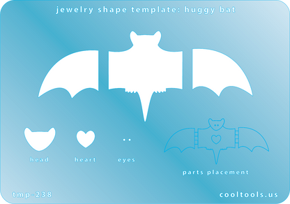 Jewelry Shape Template - Huggy Bat Our special surface makes it easy to find these templates on your workbench, but allows clarity for positioning. Use our Ultra Clay Pick for best results!  Includes shapes to create a bat with hinged wings. Size of bat is 94mm. 