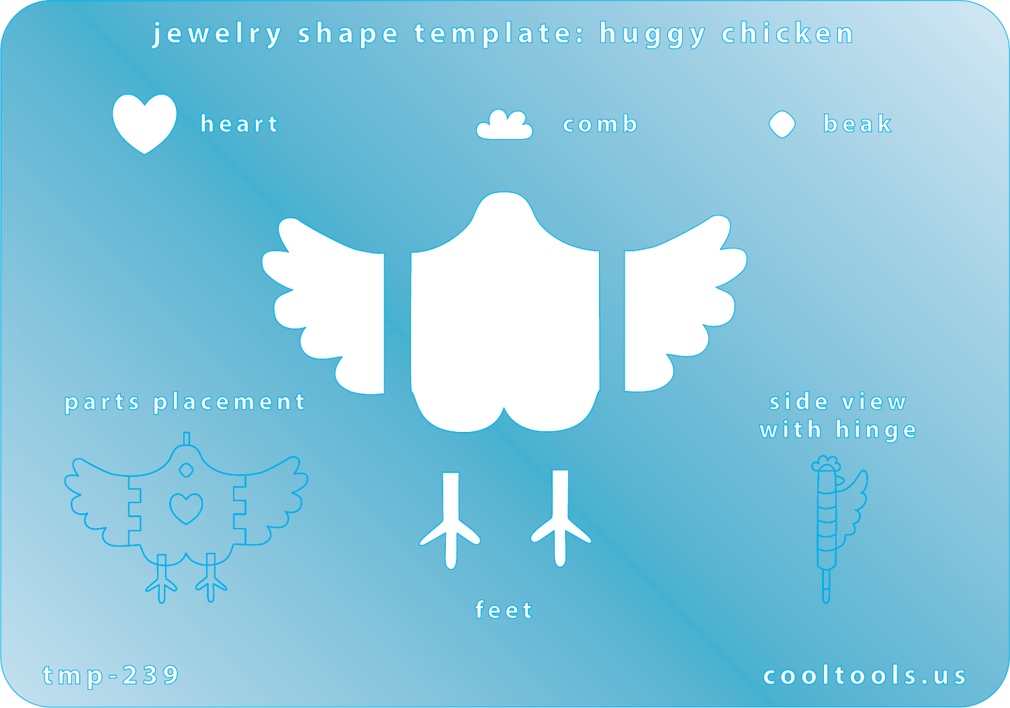 Jewelry Shape Template - Huggy Chicken Our special surface makes it easy to find these templates on your workbench, but allows clarity for positioning. Use our Ultra Clay Pick for best results!  Includes shapes to create a chicken with hinged wings. Size of chicken is 61mm.