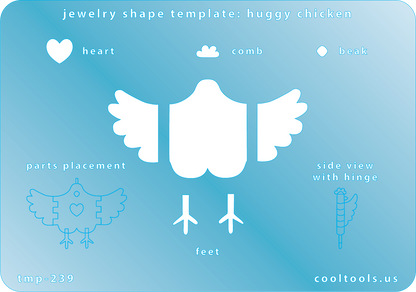 Jewelry Shape Template - Huggy Chicken Our special surface makes it easy to find these templates on your workbench, but allows clarity for positioning. Use our Ultra Clay Pick for best results!  Includes shapes to create a chicken with hinged wings. Size of chicken is 61mm.
