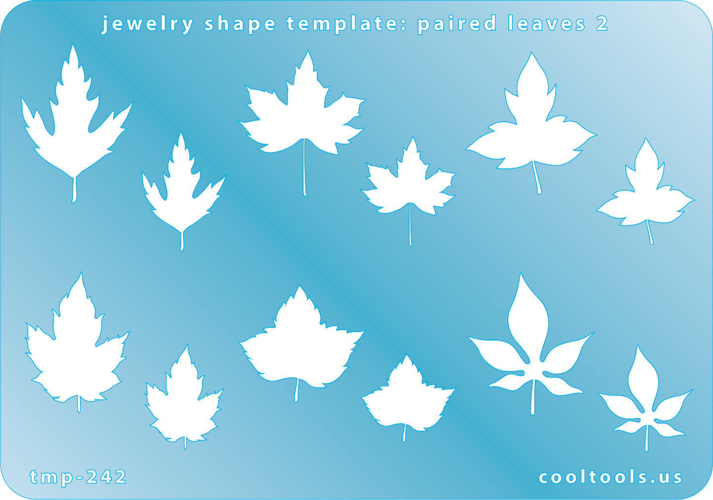 Blue plastic Jewelry Shape Template - Paired Leaves 2 Our special surface makes it easy to find these templates on your workbench, but allows clarity for positioning. Includes 12 paired leaf shapes, 6 styles. Sizes are from 16.5mm to 29mm.