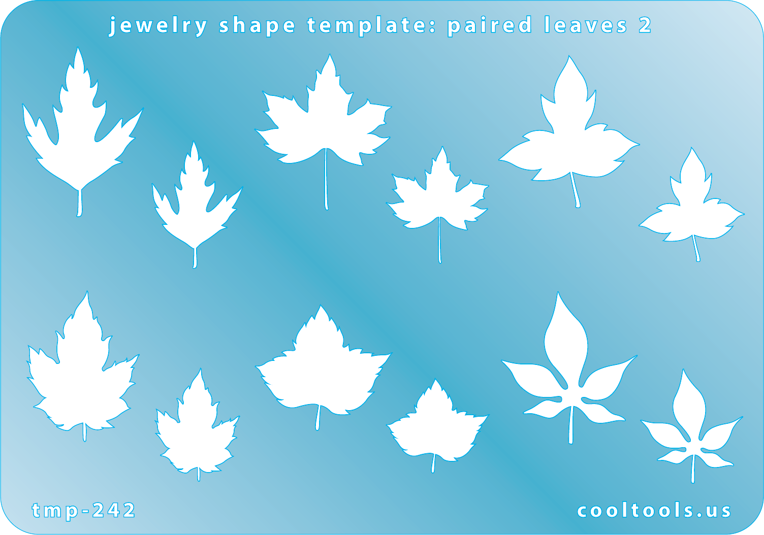 Blue plastic Jewelry Shape Template - Paired Leaves 2 Our special surface makes it easy to find these templates on your workbench, but allows clarity for positioning. Includes 12 paired leaf shapes, 6 styles. Sizes are from 16.5mm to 29mm.