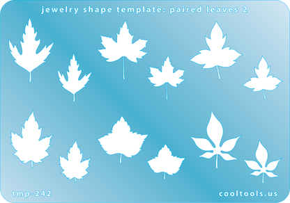 Blue plastic Jewelry Shape Template - Paired Leaves 2 Our special surface makes it easy to find these templates on your workbench, but allows clarity for positioning. Includes 12 paired leaf shapes, 6 styles. Sizes are from 16.5mm to 29mm.