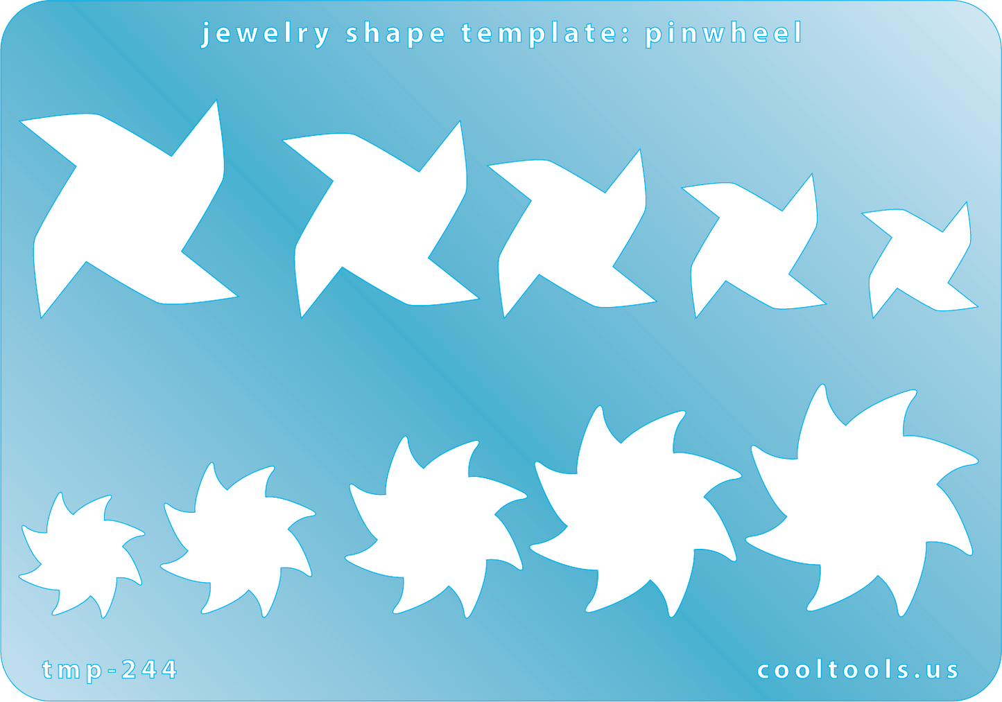 Blue plastic Jewelry Shape Template - Pinwheel Our special surface makes it easy to find these templates on your workbench, but allows clarity for positioning. Includes 10 pinwheel shapes, 2 styles. Sizes are from 13mm to 29mm.