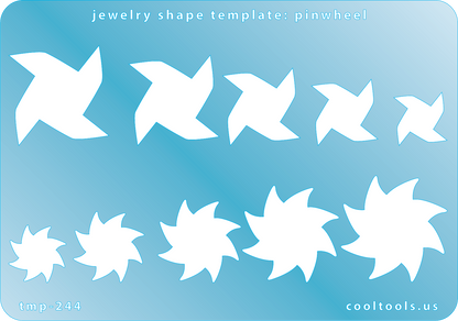 Blue plastic Jewelry Shape Template - Pinwheel Our special surface makes it easy to find these templates on your workbench, but allows clarity for positioning. Includes 10 pinwheel shapes, 2 styles. Sizes are from 13mm to 29mm.