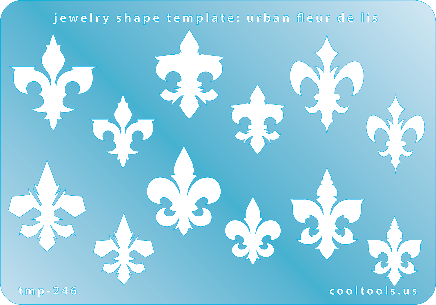 Blue plastic Jewelry Shape Template - Urban Fleur de Lis Our special surface makes it easy to find these templates on your workbench, but allows clarity for positioning. Includes 12 urban Fleur de Lis shapes, 6 styles. Sizes are from 20mm to 28mm.