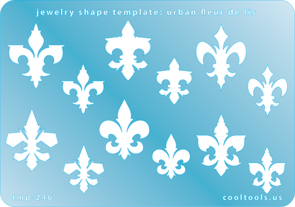 Blue plastic Jewelry Shape Template - Urban Fleur de Lis Our special surface makes it easy to find these templates on your workbench, but allows clarity for positioning. Includes 12 urban Fleur de Lis shapes, 6 styles. Sizes are from 20mm to 28mm.