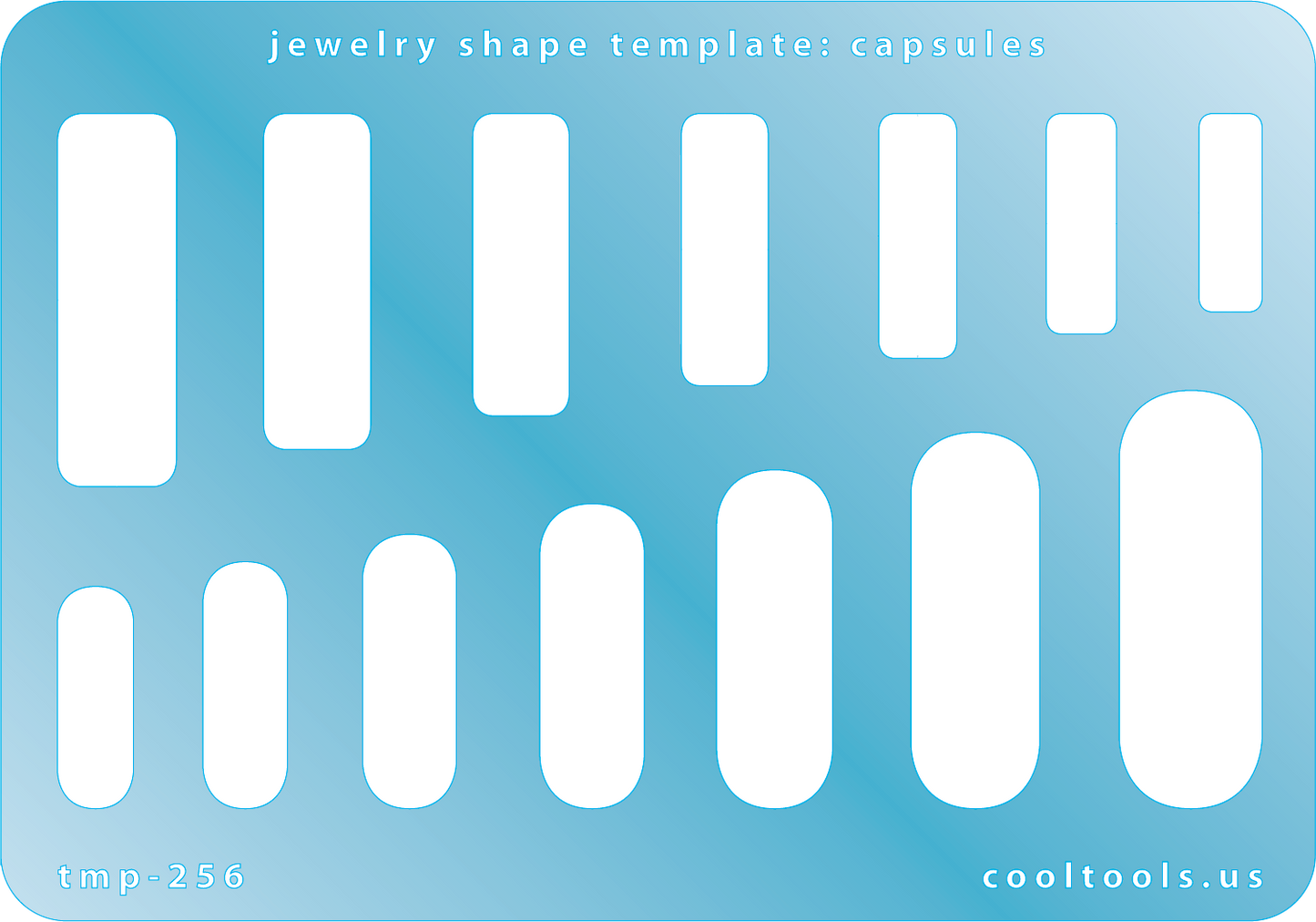 plastic Jewelry shape template with capsule shapes on a blue background