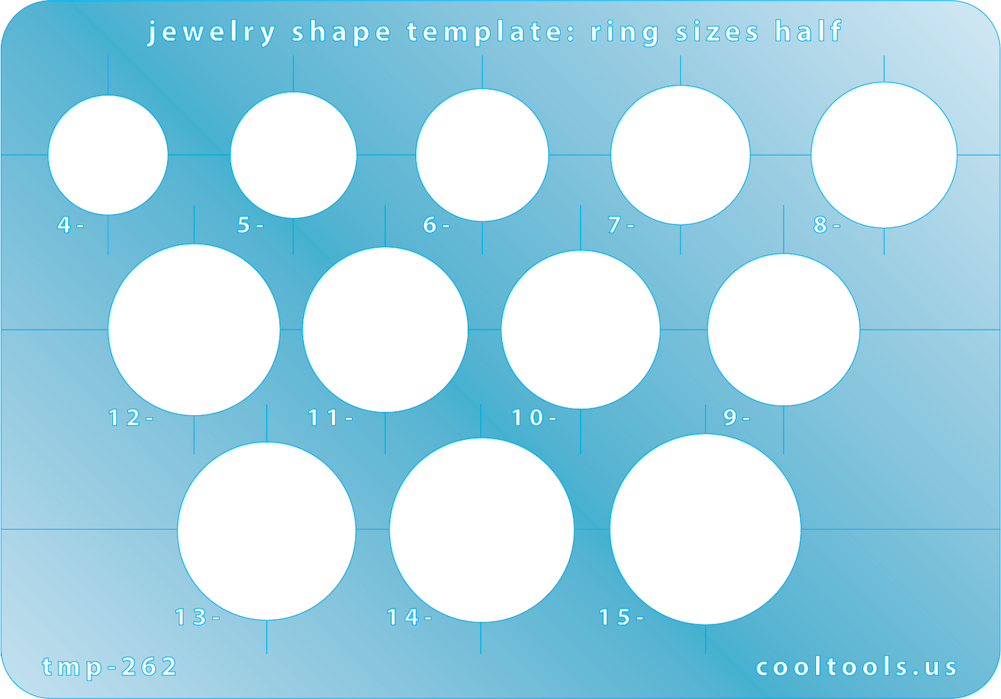 plastic Jewelry shape template for ring sizes on a blue background