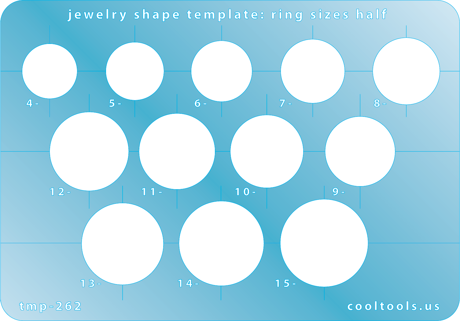 plastic Jewelry shape template for ring sizes on a blue background