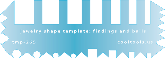 Blue plastic Jewelry Shape Template - Integrated Findings & Bails Our special surface makes it easy to find these templates on your workbench, but allows clarity for positioning.  This template allows the jewelry artist to make integrated bails and findings in metal clay. No more embedding unlovely wires or expensive findings. With the Findings and Bails template you can create round or oval links and findings, rollover bails, and fancy drops.