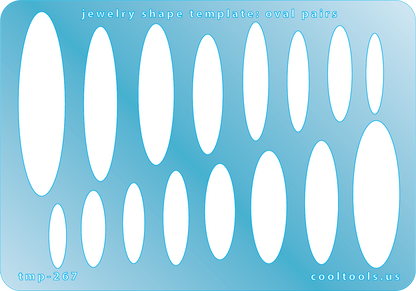 Blue plastic Jewelry Shape Template - Oval Pairs Our special surface makes it easy to find these templates on your workbench, but allows clarity for positioning. Includes 8 oval shapes, 2 styles. Sizes are from 19.5mm to 56.5mm.