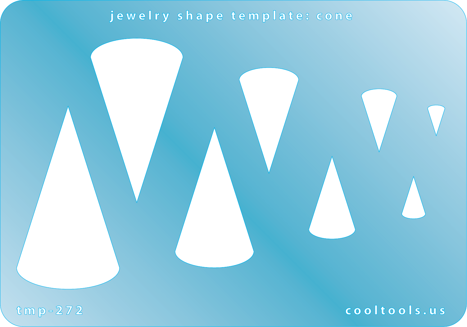 Blue plastic Jewelry Shape Template - Cone Our special surface makes it easy to find these templates on your workbench, but allows clarity for positioning. Includes 8 cone shapes. Sizes are from 8mm to 49mm.
