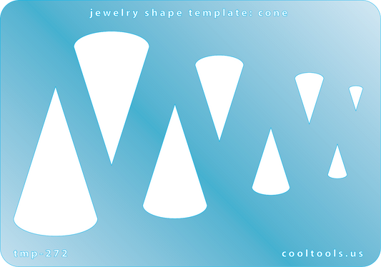 Blue plastic Jewelry Shape Template - Cone Our special surface makes it easy to find these templates on your workbench, but allows clarity for positioning. Includes 8 cone shapes. Sizes are from 8mm to 49mm.