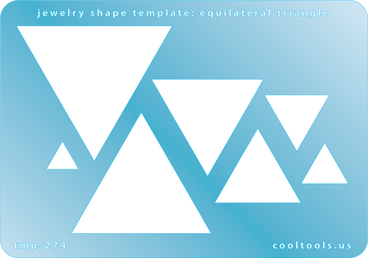 Blue plastic Jewelry Shape Template - Equilateral Triangle Our special surface makes it easy to find these templates on your workbench, but allows clarity for positioning. Includes 7 equilateral triangle shapes. Sizes are from 11mm to 53.5mm.