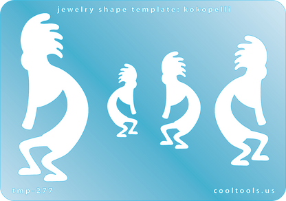 Blue plastic Jewelry Shape Template - Kokopelli Our special surface makes it easy to find these templates on your workbench, but allows clarity for positioning. Includes 4 Kokopelli shapes. Sizes are from 32.5mm to 75mm.
