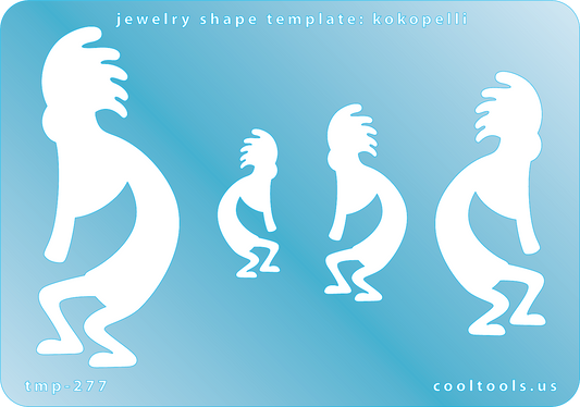 Blue plastic Jewelry Shape Template - Kokopelli Our special surface makes it easy to find these templates on your workbench, but allows clarity for positioning. Includes 4 Kokopelli shapes. Sizes are from 32.5mm to 75mm.