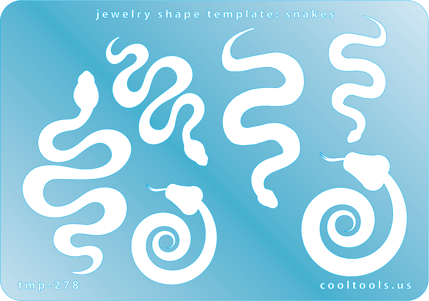 Blue plastic Jewelry Shape Template - Snakes Our special surface makes it easy to find these templates on your workbench, but allows clarity for positioning. Includes 6 snake shapes, 3 different styles. Sizes are from 30mm to 60.5mm.