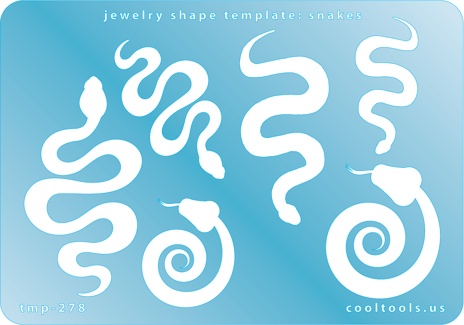 Blue plastic Jewelry Shape Template - Snakes Our special surface makes it easy to find these templates on your workbench, but allows clarity for positioning. Includes 6 snake shapes, 3 different styles. Sizes are from 30mm to 60.5mm.