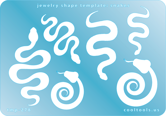 Blue plastic Jewelry Shape Template - Snakes Our special surface makes it easy to find these templates on your workbench, but allows clarity for positioning. Includes 6 snake shapes, 3 different styles. Sizes are from 30mm to 60.5mm.