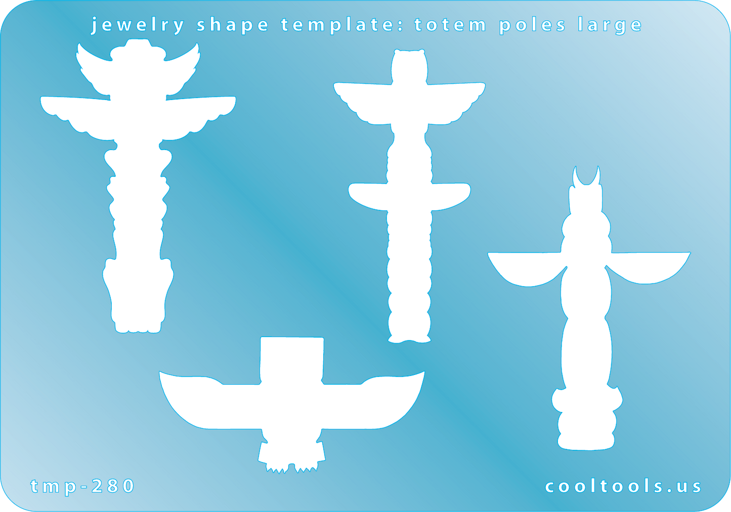 Blue plastic Jewelry Shape Template - Totem Poles Large Our special surface makes it easy to find these templates on your workbench, but allows clarity for positioning. Includes 4 different totem pole shapes. Sizes are from 23mm to 51.5mm tall.