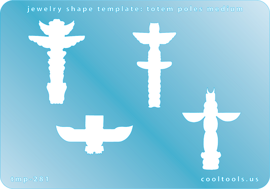 Blue plastic Jewelry Shape Template - Totem Poles Medium Our special surface makes it easy to find these templates on your workbench, but allows clarity for positioning. Includes 4 different totem pole shapes. Sizes are from 18.5mm to 40mm tall. 