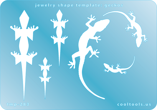 Blue plastic Jewelry Shape Template - Geckos Our special surface makes it easy to find these templates on your workbench, but allows clarity for positioning. Includes 6 gecko shapes, 2 styles. Sizes are from 23.5mm to 73.5mm.