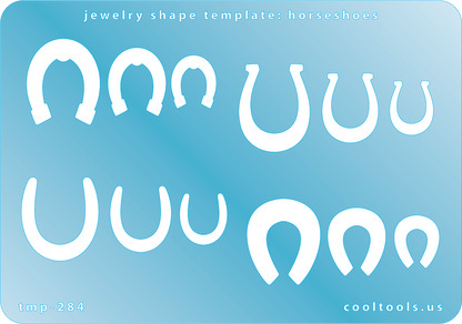 Blue plastic Jewelry Shape Template - Horseshoes Our special surface makes it easy to find these templates on your workbench, but allows clarity for positioning. Includes 12 horseshoe shapes, 4 styles. Sizes are from 11.5mm to 20mm.
