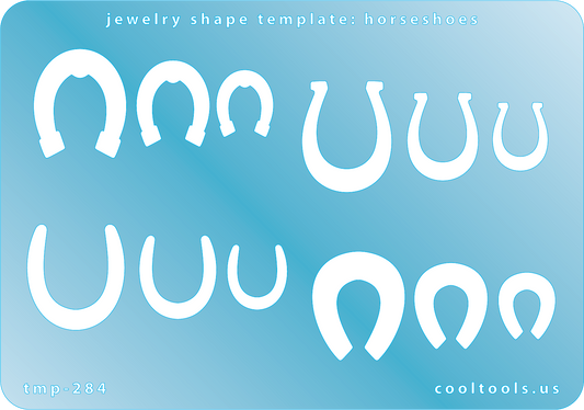 Blue plastic Jewelry Shape Template - Horseshoes Our special surface makes it easy to find these templates on your workbench, but allows clarity for positioning. Includes 12 horseshoe shapes, 4 styles. Sizes are from 11.5mm to 20mm.