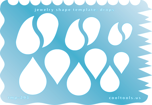 Plastic Jewelry shape template for drops on a blue background with 'cooltools.us' branding.