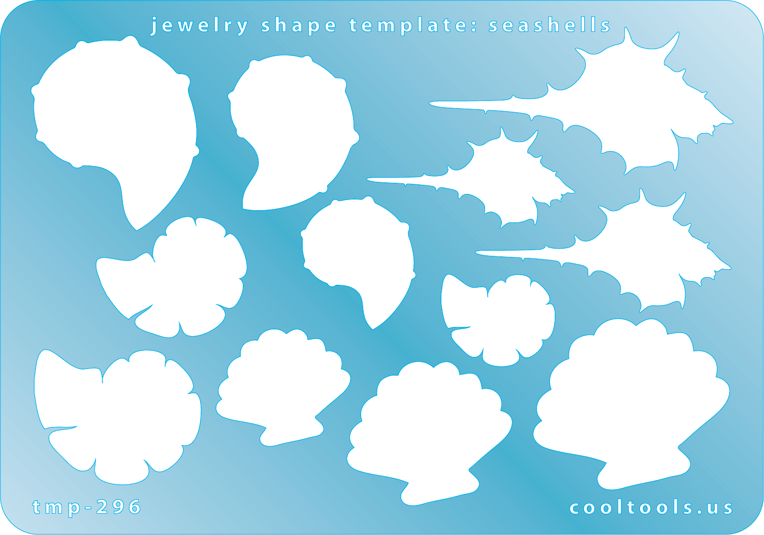 Blue plastic Jewelry Shape Template - Seashells Our special surface makes it easy to find these templates on your workbench, but allows clarity for positioning.  Includes 12 seashell shapes, 4 styles. Sizes are from 18mm to 50mm.