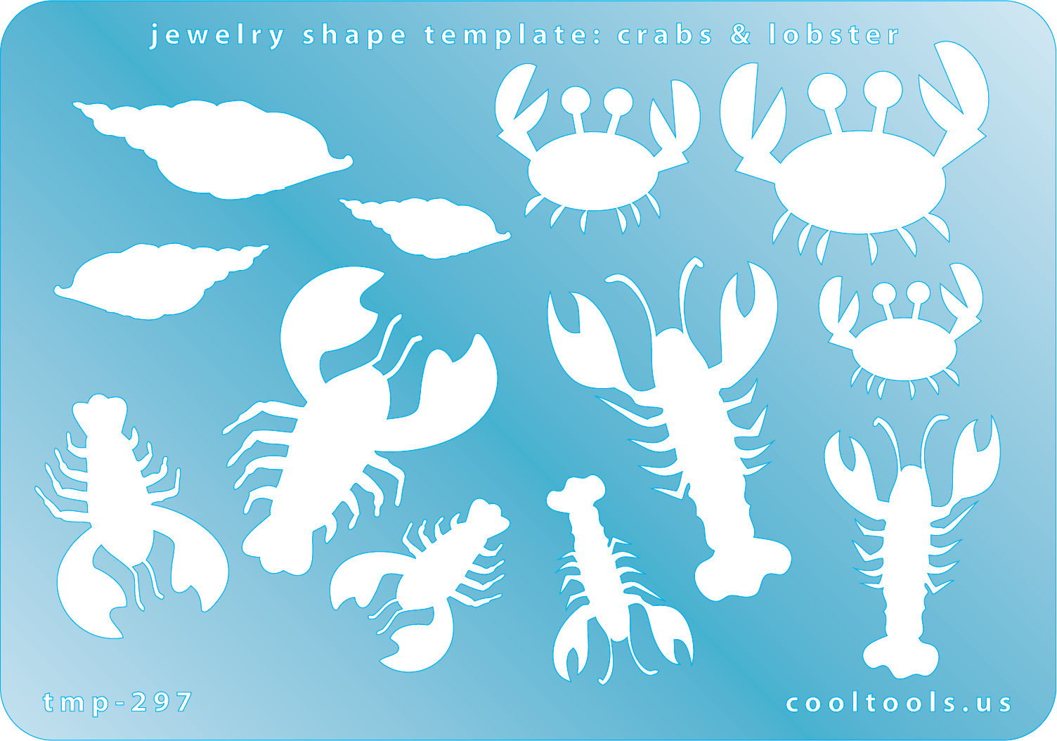Blue plastic Jewelry Shape Template - Crabs & Lobster Our special surface makes it easy to find these templates on your workbench, but allows clarity for positioning. Includes 12 crab and lobster shapes; 2 lobster styles, 2 crab styles. Sizes are from 19.5mm to 41mm.