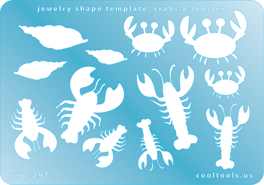 Blue plastic Jewelry Shape Template - Crabs & Lobster Our special surface makes it easy to find these templates on your workbench, but allows clarity for positioning. Includes 12 crab and lobster shapes; 2 lobster styles, 2 crab styles. Sizes are from 19.5mm to 41mm.