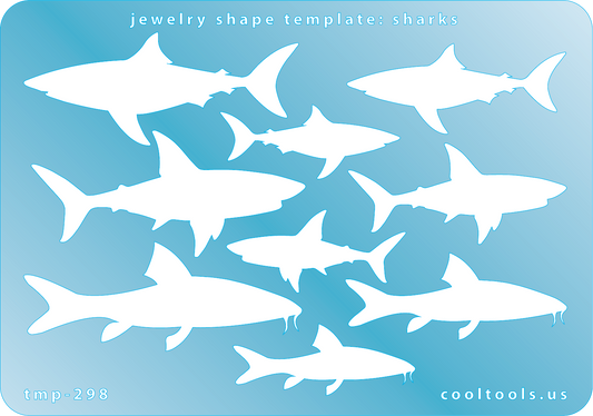 Blue plastic Jewelry Shape Template - Sharks Our special surface makes it easy to find these templates on your workbench, but allows clarity for positioning. Includes 9 shark shapes, 3 styles. Sizes are from 39mm to 60mm.