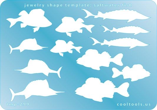 Blue plastic Jewelry Shape Template - Saltwater Fish Our special surface makes it easy to find these templates on your workbench, but allows clarity for positioning. Includes 12 saltwater fish shapes, 4 styles. Sizes are from 26.5mm to 57mm.
