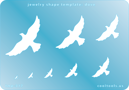 Blue plastic Jewelry Shape Template - Doves Our special surface makes it easy to find these templates on your workbench, but allows clarity for positioning. Use smaller shapes for embossing or enamel stencils. Includes 8 dove shapes. Sizes are from 18.5mm to 49mm.