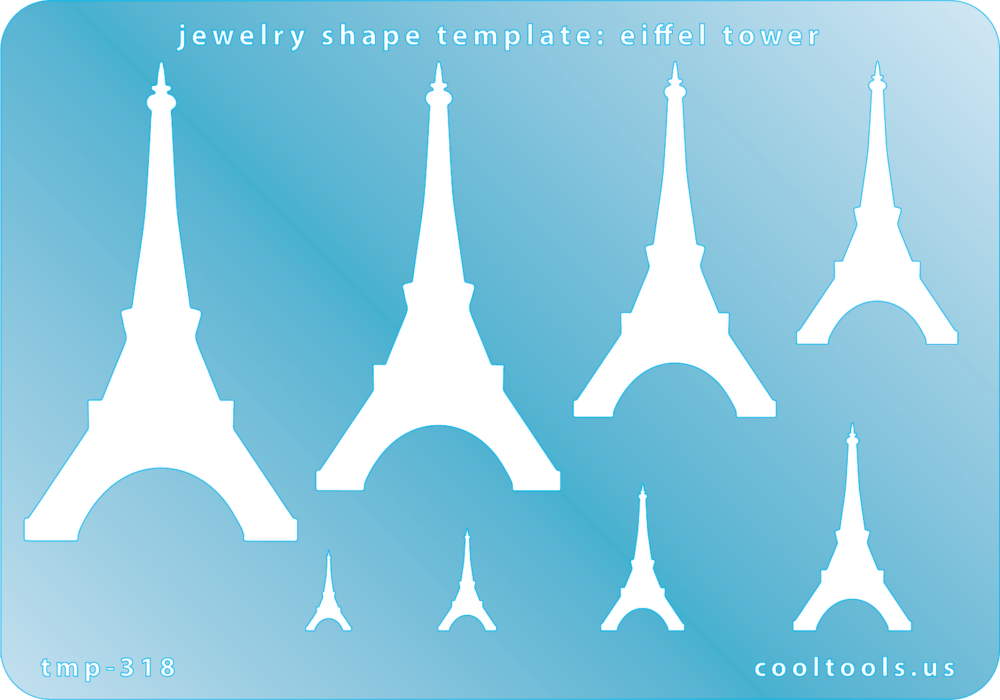Blue plastic Jewelry Shape Template - Eiffel Tower Our special surface makes it easy to find these templates on your workbench, but allows clarity for positioning. Includes 8 shapes. Sizes are from 9mm to 62mm tall.