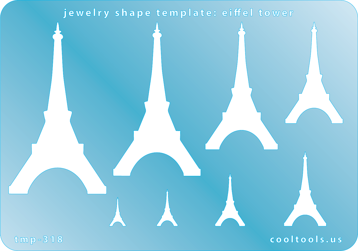 Blue plastic Jewelry Shape Template - Eiffel Tower Our special surface makes it easy to find these templates on your workbench, but allows clarity for positioning. Includes 8 shapes. Sizes are from 9mm to 62mm tall.