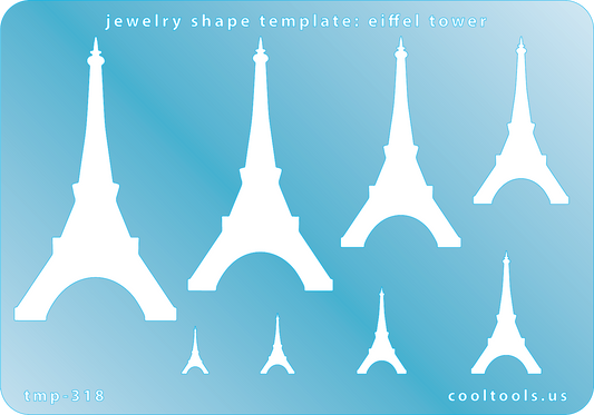 Blue plastic Jewelry Shape Template - Eiffel Tower Our special surface makes it easy to find these templates on your workbench, but allows clarity for positioning. Includes 8 shapes. Sizes are from 9mm to 62mm tall.