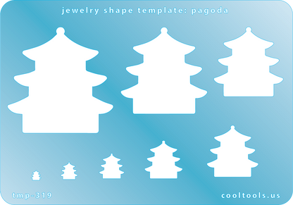 Blue plastic Jewelry Shape Template - Pagoda Our special surface makes it easy to find these templates on your workbench, but allows clarity for positioning. Includes 8 shapes. Sizes are from 4mm to 46mm tall.