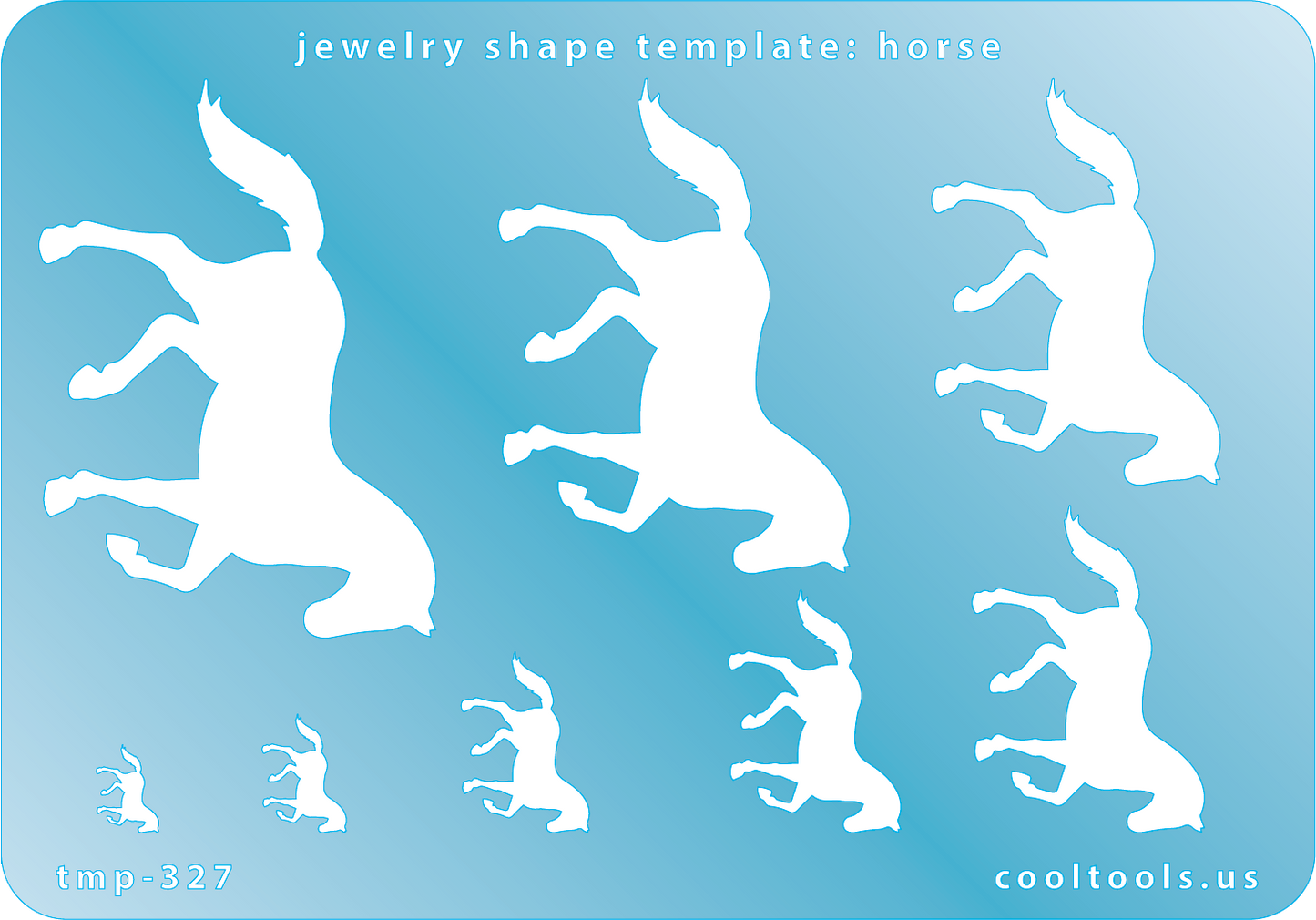 Blue plastic Jewelry Shape Template - Horse Our special surface makes it easy to find these templates on your workbench, but allows clarity for positioning. Includes 8 shapes. Sizes are from 8.5mm to 55mm.