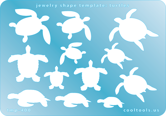 Blue plastic Jewelry Shape Template - Turtles Our special surface makes it easy to find these templates on your workbench, but allows clarity for positioning. Includes 12 turtle shapes, 4 styles. Sizes are from 21mm to 37.5mm. Measurements are based on the widest part of the shape.