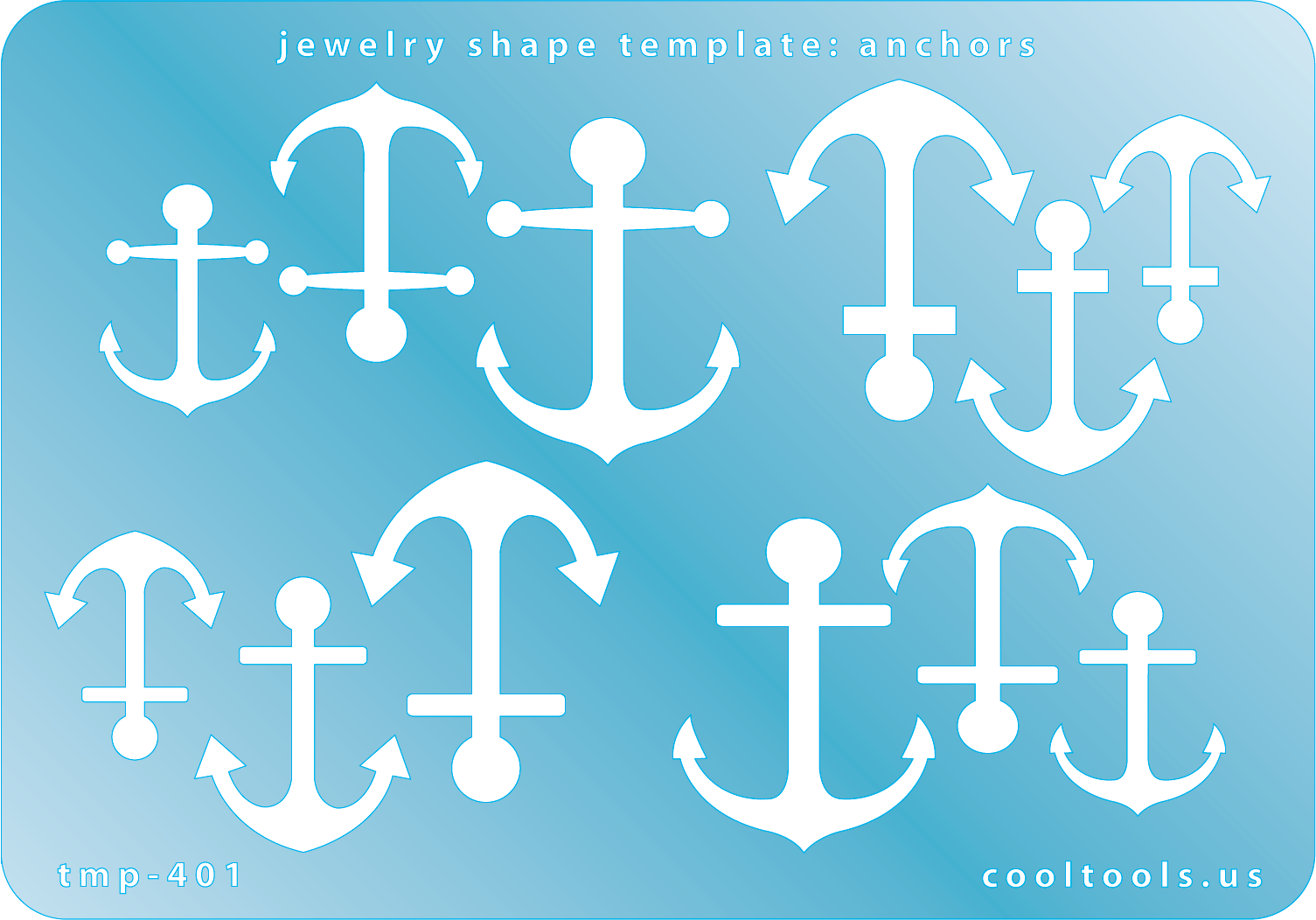       Blue plastic Jewelry Shape Template - Anchors Our special surface makes it easy to find these templates on your workbench, but allows clarity for positioning. Includes 12 anchor shapes, 4 styles. Sizes are from 22m to 33mm.