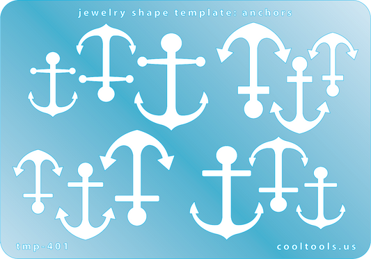       Blue plastic Jewelry Shape Template - Anchors Our special surface makes it easy to find these templates on your workbench, but allows clarity for positioning. Includes 12 anchor shapes, 4 styles. Sizes are from 22m to 33mm.